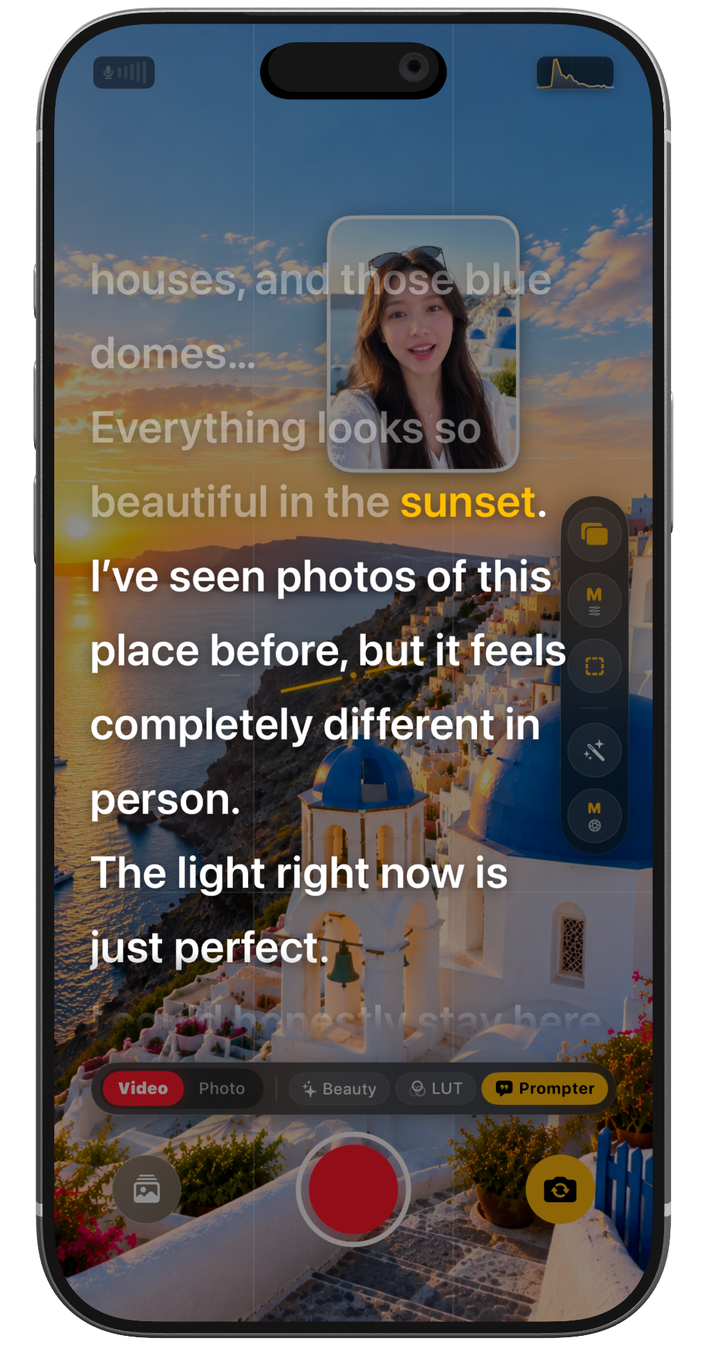 VlogCam AI Teleprompter on iPhone in Santorini